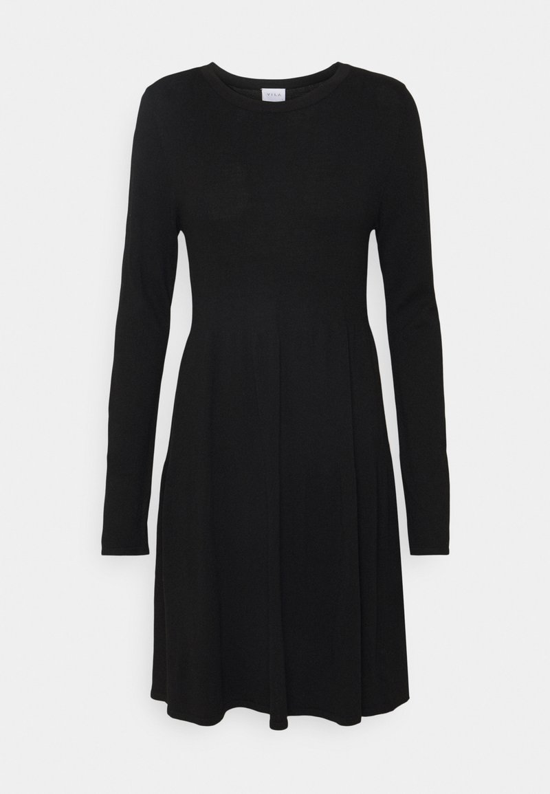 Robe noire à manches longues en tissu doux, avec un col rond et une jupe évasée, texture lisse sans motifs ni accents visibles.