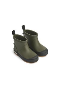 Bottes en caoutchouc vertes avec un embout noir et une semelle extérieure texturée marron. Intérieur doux et doublé en polaire avec des languettes à l'arrière pour un enfilage facile.