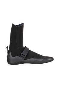 Black wetsuit boot with a tall ankle, flat sole, textured rubber toe and heel sections, and an adjustable strap across the midfoot.