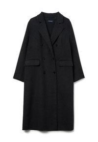 Cappotto di lana grigio scuro con design doppiopetto, colletto a falde e due tasche frontali. Texture liscia con bordi arrotondati.