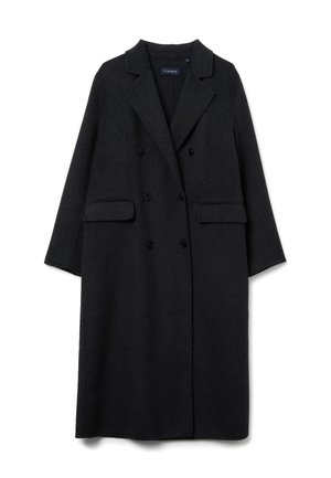 Cappotto di lana grigio scuro con design doppiopetto, colletto a falde e due tasche frontali. Texture liscia con bordi arrotondati.