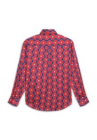 Rotes Langarmhemd mit floralem Muster und blauen Akzenten, klassischem Kragen und Knopfmanschetten. Weicher Stoff mit glatter Oberfläche.