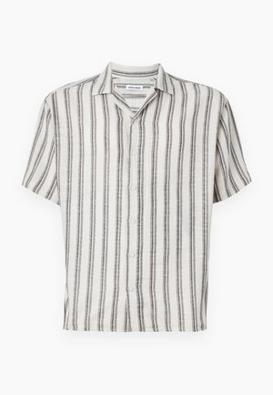 Short-sleeve button-up shirt in cream with vertical black stripes. Features a collar and five buttons along the front. Textured fabric.