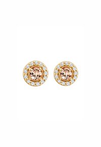 Boucles d'oreilles en métal doré avec une pierre pêche centrale entourée d'un halo de petites cristaux transparents, de forme ronde et avec une finition polie.