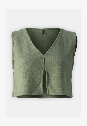 Groene cropped vest met een V-hals en korte mouwen. Gemaakt van een textiele stof; heeft een sluiting aan de voorkant en een rechte zoom.