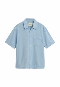 Camicia azzurro chiaro a maniche corte realizzata in tessuto testurizzato, con colletto, chiusura frontale con bottoni e una piccola tasca sul lato sinistro del petto.