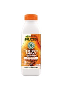 Condizionatore Garnier Fructis Hair Food Papaya in una bottiglia bianca con un tappo arancione, caratterizzato da un design vivace di papaia e etichette chiare. 350ml.