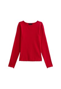 Red long-sleeve ribbed shirt with round neckline and lettuce hem on sleeves and bottom, laid flat on a white background.