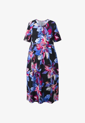 Robe midi noire à manches courtes avec imprimé floral tropical bleu, violet, rouge et blanc, avec une taille froncée.