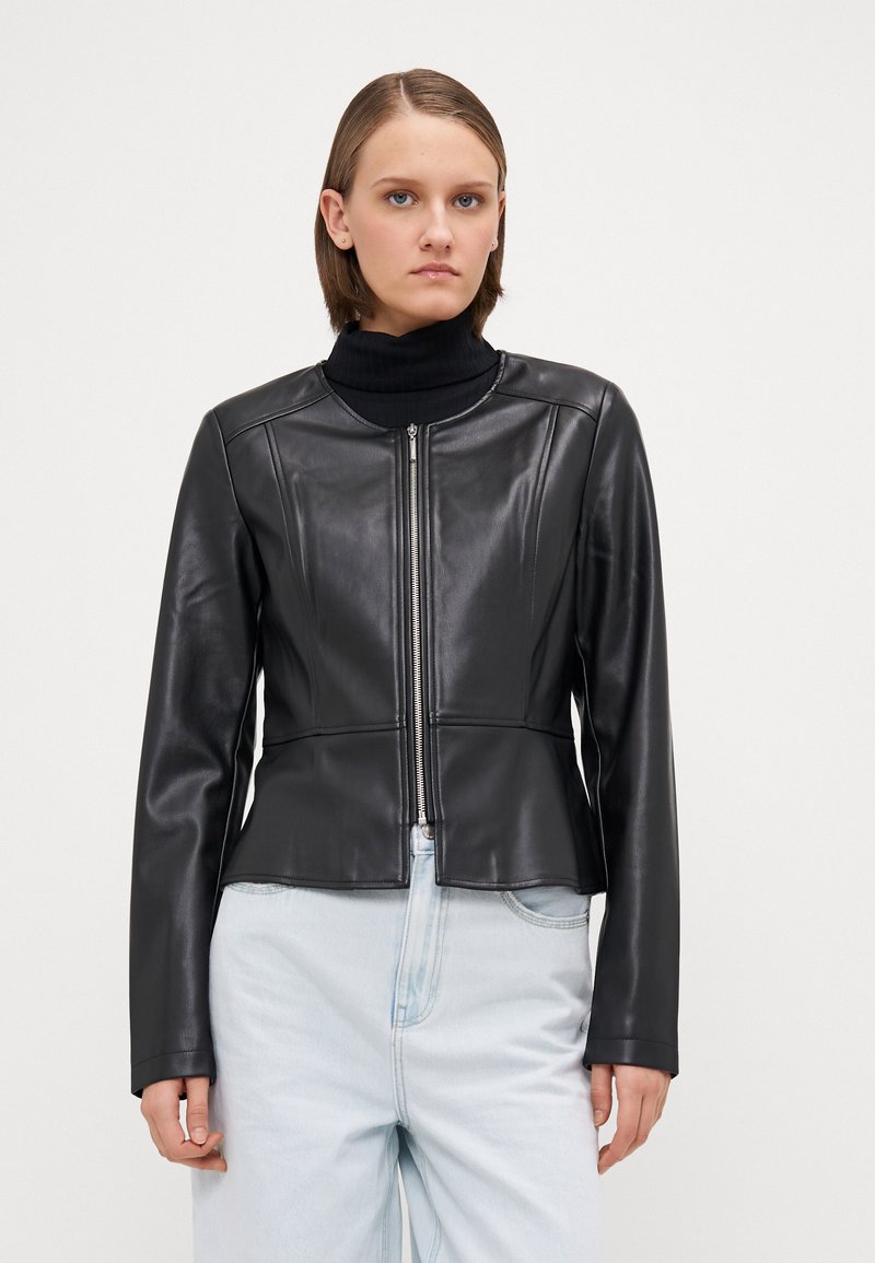 Black leather jacket with a fitted design, round neckline, and front zipper. Features long sleeves and a smooth, glossy texture.