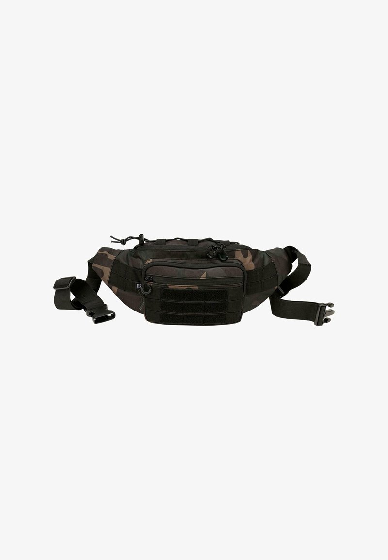 Marsupio camouflage realizzato in tessuto resistente. Dotato di una tasca frontale con zip, una tracolla regolabile e un'etichetta in velcro per attacchi.