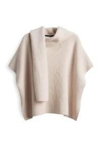 Poncho lavorato a maglia color crema con una sciarpa abbinata drappeggiata sulla spalla, caratterizzato da un collo alto e una texture a coste.