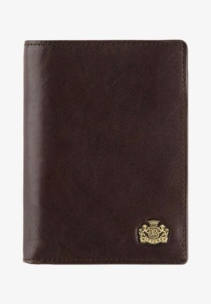 Brown leather wallet with a smooth texture, featuring a gold embossed logo in the bottom corner and stitched edges.