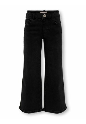 Jean noir taille haute à jambes larges avec bouton sur le devant et poches, présenté sur fond blanc.