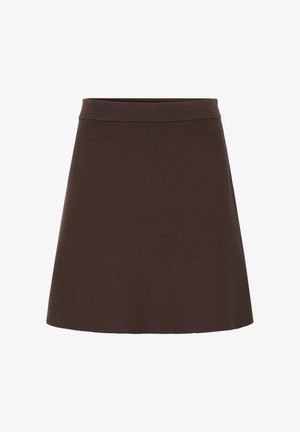 Jupe trapèze en maille marron foncé avec une ceinture côtelée, design simple et sans motifs ni embellissements visibles.