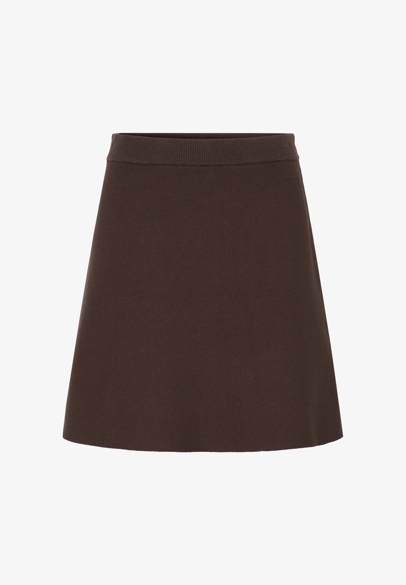 Jupe trapèze en maille marron foncé avec une ceinture côtelée, design simple et sans motifs ni embellissements visibles.