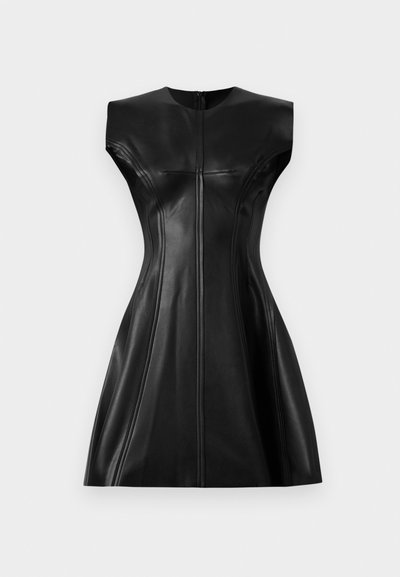 Black leather dress featuring a fitted bodice, high neckline, and a flared skirt. Notable stitching details along seams and back zipper.