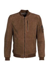 Giubbotto bomber in suede marrone con polsini e colletto a costine, dotato di due tasche con zip sui lati e una tasca sul petto con zip. Texture morbida.