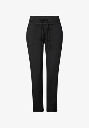 Pantaloni da tuta neri con vita regolabile, due tasche frontali e vestibilità affusolata. Realizzati in tessuto morbido con una texture liscia.