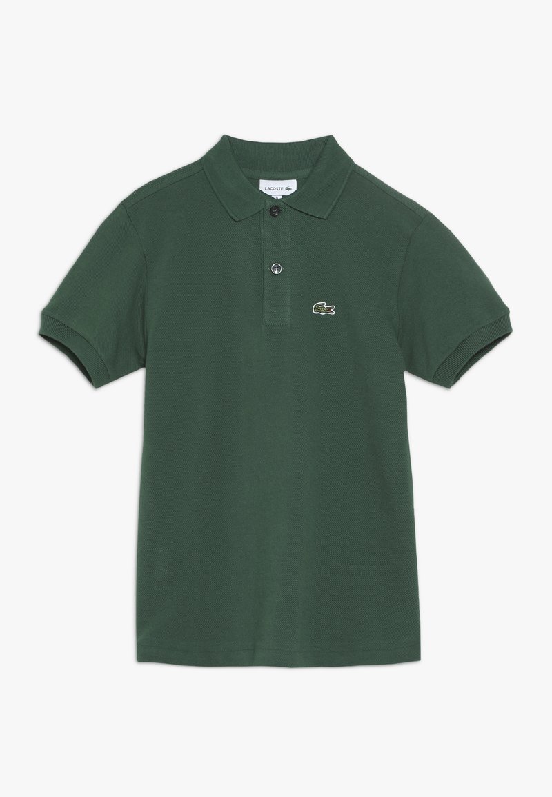 Zelené bavlněné polo tričko s klasickým límcem, zapínáním na dva knoflíky, krátkými rukávy a vyšitým logem Lacoste na hrudi.