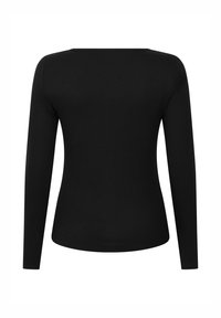 Zwarte longsleeve top, geribbelde textuur, aansluitend ontwerp, ronde halslijn, eenvoudig zonder versieringen, geschikt voor zowel het dragen als laagjes als solo.