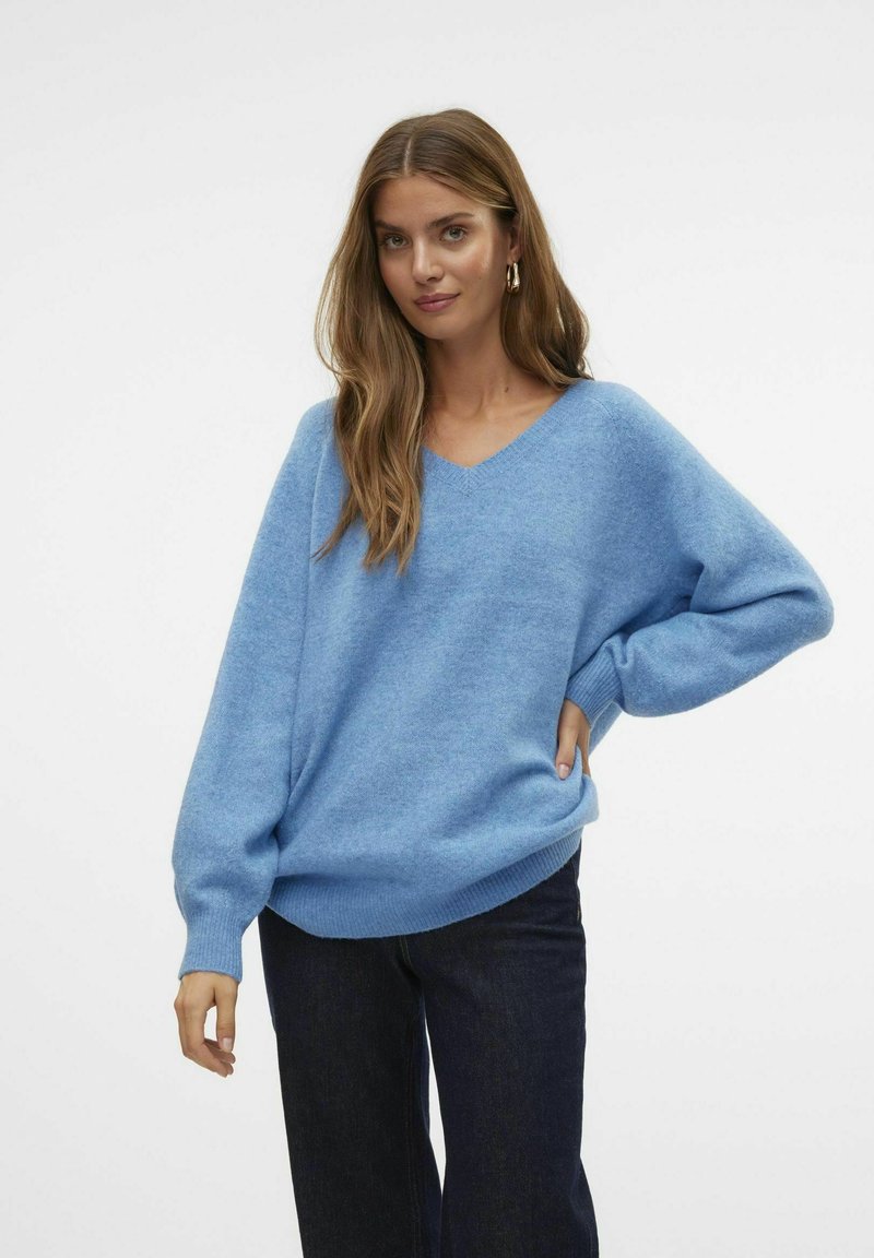 Vero Moda VMLEAF LONG V-NECK - Pulover - blue jasper