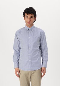 Gestreepte button-up shirt in blauw en wit met een kraag, normale pasvorm, lange mouwen en een klein logo-detail op de borst.