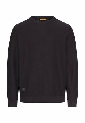 Sort langærmet crewneck-trøje med ribbet krave, manchetter og kant, med en lille vævet label nær den nederste kant foran.