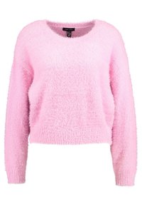 Pull en tricot rose doux et moelleux avec manches longues et encolure dégagée ; texture douce, coupe courte et détail à ourlet côtelé.
