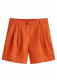 Shorts en lin orange taille haute avec plis avant, fermeture à bouton, taille élastique et passants de ceinture.