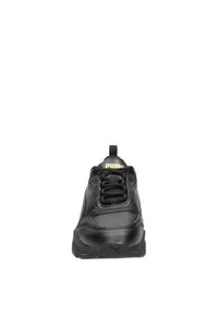 Black sneaker with a smooth leather upper, rounded toe, lace-up front, reinforced stitching, and a small logo at the front and heel.