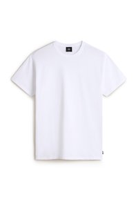 Witte katoenen t-shirt met korte mouwen, ronde hals en een recht model. Heeft een klein zwart logo-label aan de onderkant aan de linkerkant.