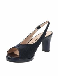 Scarpa con tacco alto slingback blu navy realizzata in tessuto texturizzato, con punta aperta e tacco spesso. Presenta una chiusura con fibbia e una soletta imbottita.