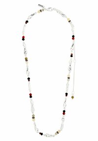 Halskette in Silberoptik mit verlängerten Formen und runden Perlen in Rot, Schwarz, Weiß und Braun. Verstellbare Kette mit einem kleinen dekorativen Endstück.