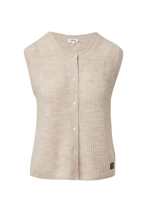 Beige gestrickte ärmellose Strickjacke mit rundem Halsausschnitt, Knopfverschluss und strukturiertem Muster. Mit einem kleinen Markenetikett an der Seite.