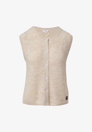 Beige gestrickte ärmellose Strickjacke mit rundem Halsausschnitt, Knopfverschluss und strukturiertem Muster. Mit einem kleinen Markenetikett an der Seite.