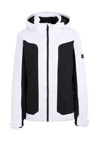 Schwarze und weiße Jacke mit Reißverschluss vorne, Kapuze, großen schwarzen Einsätzen auf der Brust und zwei Seitentaschen mit Reißverschluss. Glatte Stoffoberfläche.