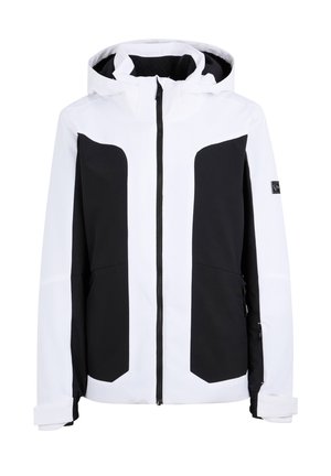 Black and white jacket featuring a zip front, hood, large black panels on chest, and two side pockets with zip closures. Smooth fabric texture.