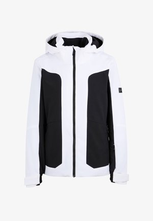 Black and white jacket featuring a zip front, hood, large black panels on chest, and two side pockets with zip closures. Smooth fabric texture.