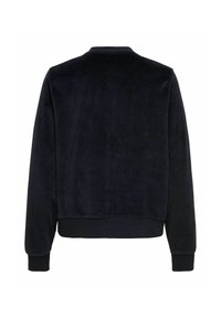 Sweat-shirt en polaire bleu marine avec une texture unie, un col rond et des poignets côtelés. Présente un design court avec peu de détails.