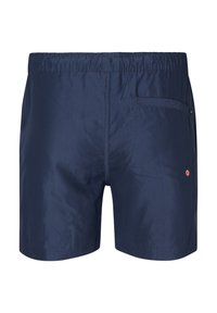Shorts de baie navy, confecționați dintr-un material ușor, cu un tiv elastic, o buză laterală la spate și un mic logo portocaliu.