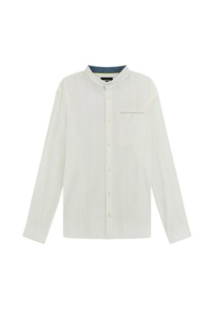 Camicia bianca a maniche lunghe con collo alla coreana, abbottonatura frontale e una piccola tasca con zip sul petto sinistro.