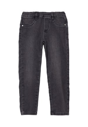 Jean en denim noir délavé avec poches avant et arrière, passants pour ceinture et coupe slim droite.