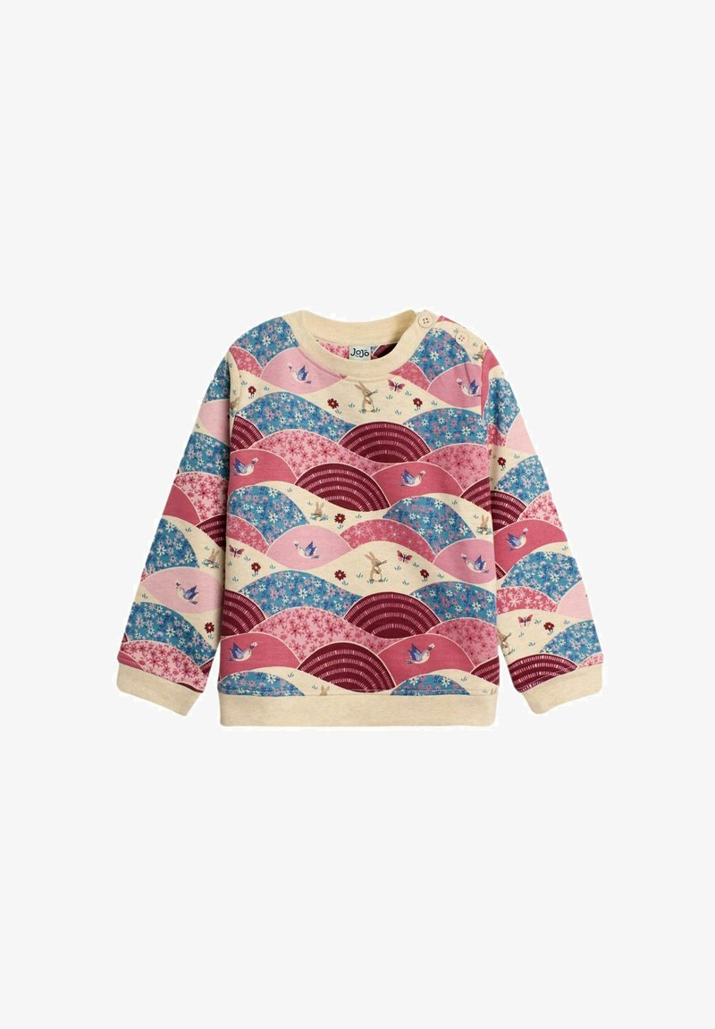 Färggad sweatshirt med ett vågmönster i rosa, blått och kräm, med blommotiv och fågelmotiv, rund halsringning och långa ärmar.
