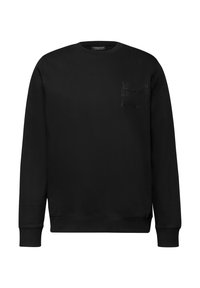 Černá mikina s kulatým výstřihem vyrobená z měkkého materiálu, s texturovanou grafikou na hrudi a diskrétním logem, s dlouhými rukávy.