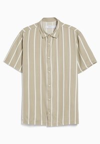 Vaaleanbeige lyhythihainen paita, jossa on valkoiset pystysuorat raidat. Ominaisuuksina napitus edessä ja klassinen kaulus. Pehmeä kangas.