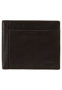 Portafoglio in pelle marrone con design minimalista, forma rettangolare, singolo slot per carte e logo del marchio impresso sul lato.