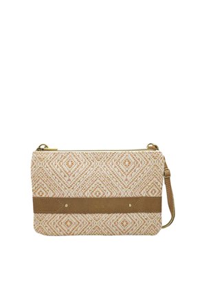 Sac bandoulière rectangulaire tissé avec des motifs géométriques beige, rose et or, sangle en cuir camel et fermeture éclair dorée.
