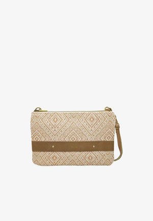 Sac bandoulière rectangulaire tissé avec des motifs géométriques beige, rose et or, sangle en cuir camel et fermeture éclair dorée.