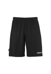 Sorte atletiske shorts lavet af letvægtsstof med en elastisk talje og et hvidt logo nederst til højre.